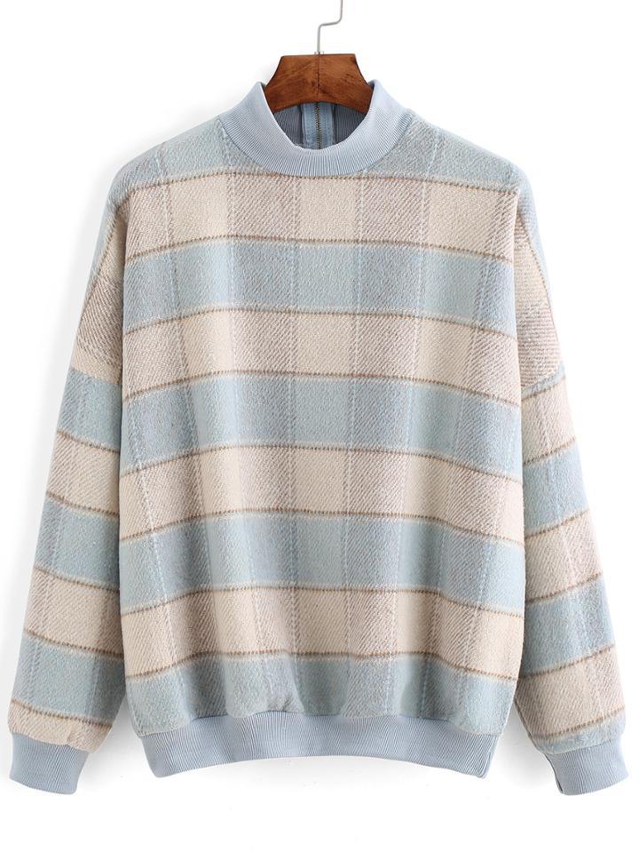 Romwe Dropped Shoulder Seam Plaid Blue Sweatshirt
