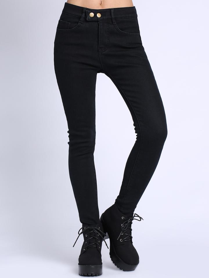 Romwe High Waist Denim Slim Black Pant