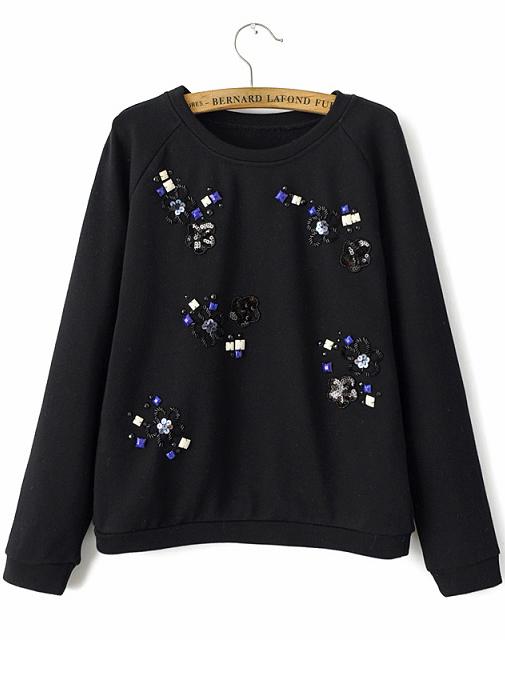 Romwe Sequined Embellished Black Sweatshirt