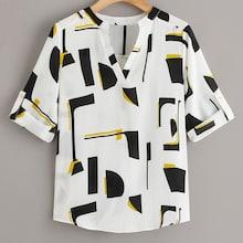 Romwe Plus Geo Print Roll Up Sleeve Blouse