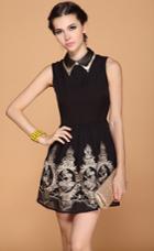 Romwe Black Lapel Sleeveless Zipper Embroidery Dress