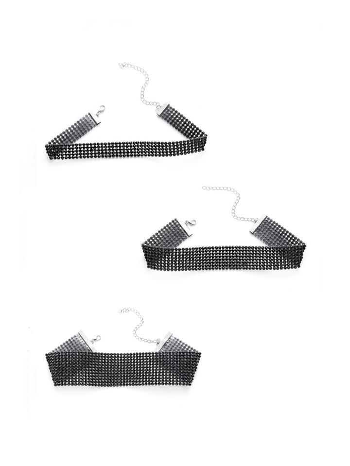 Romwe Black Rhinestone Wide Choker Set