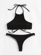 Romwe Halter Ribbed Bikini Set