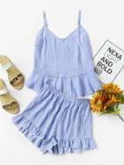 Romwe Flounce Trim Pinstripe Cami Top And Shorts Co-ord