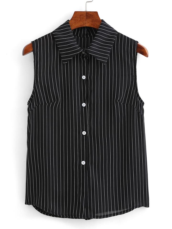 Romwe Vertical Striped Chiffon Blouse - Black