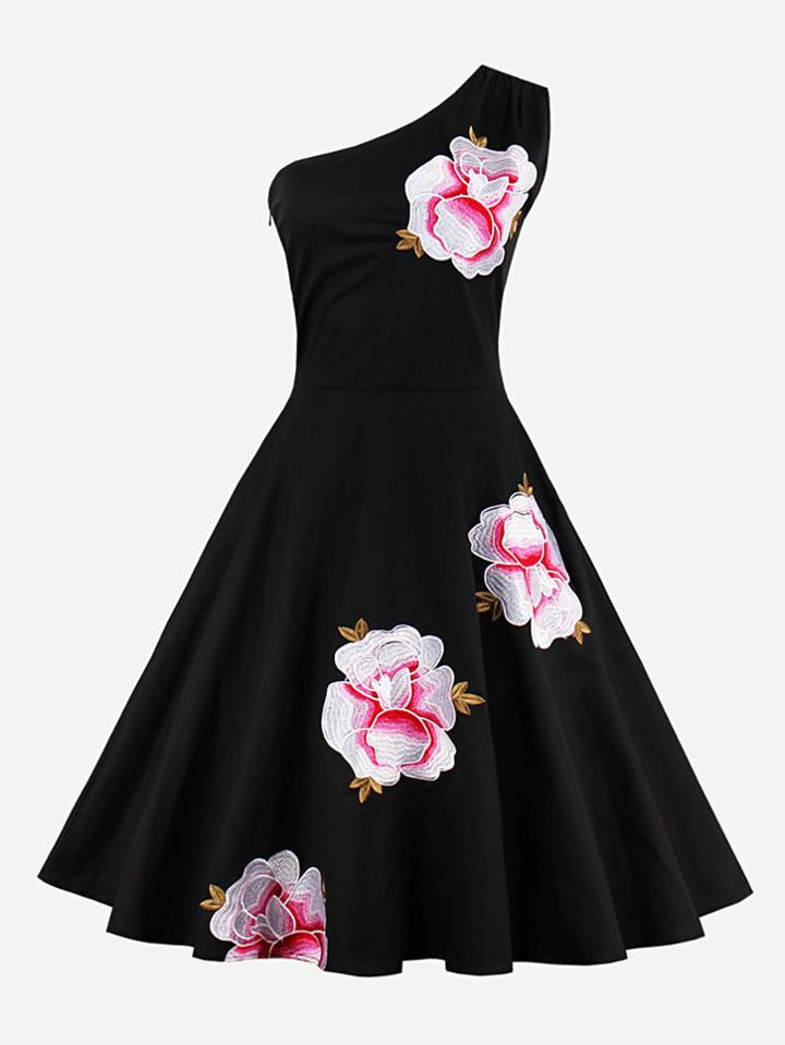 Romwe Oblique Shoulder Embroidered Circle Dress