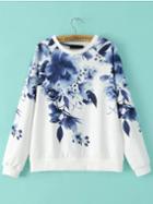 Romwe Blue Round Neck Floral Loose Sweatshirt