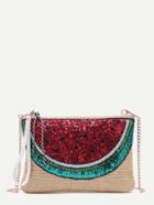 Romwe Watermelon Sequin Embellished Khaki Straw Chain Bag