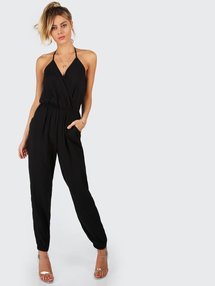 Romwe Surplice Self Tie Halter Jumpsuit