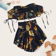 Romwe Shirred Back Drawstring Front Top With Plants Print Shorts