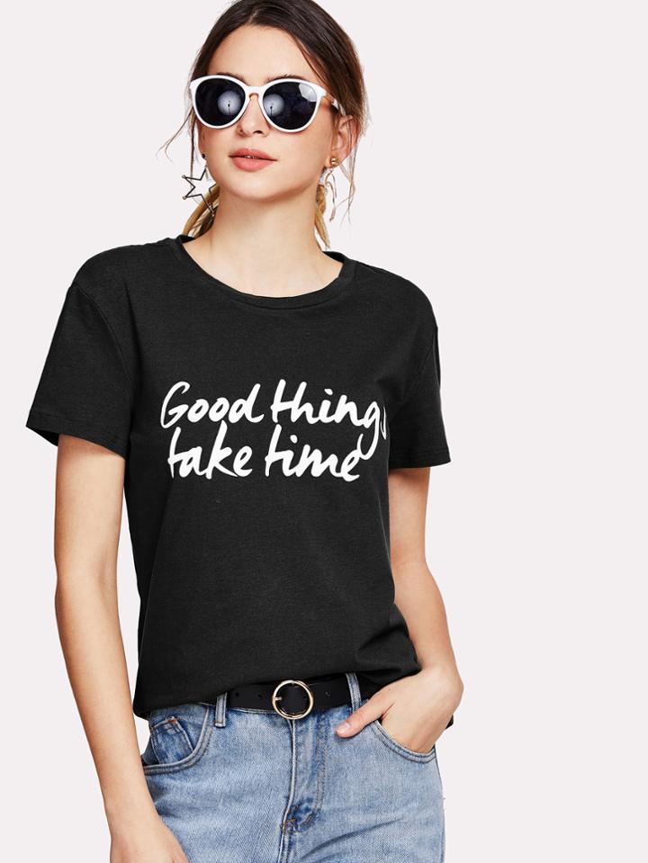Romwe Good Things Take Time Print Tee