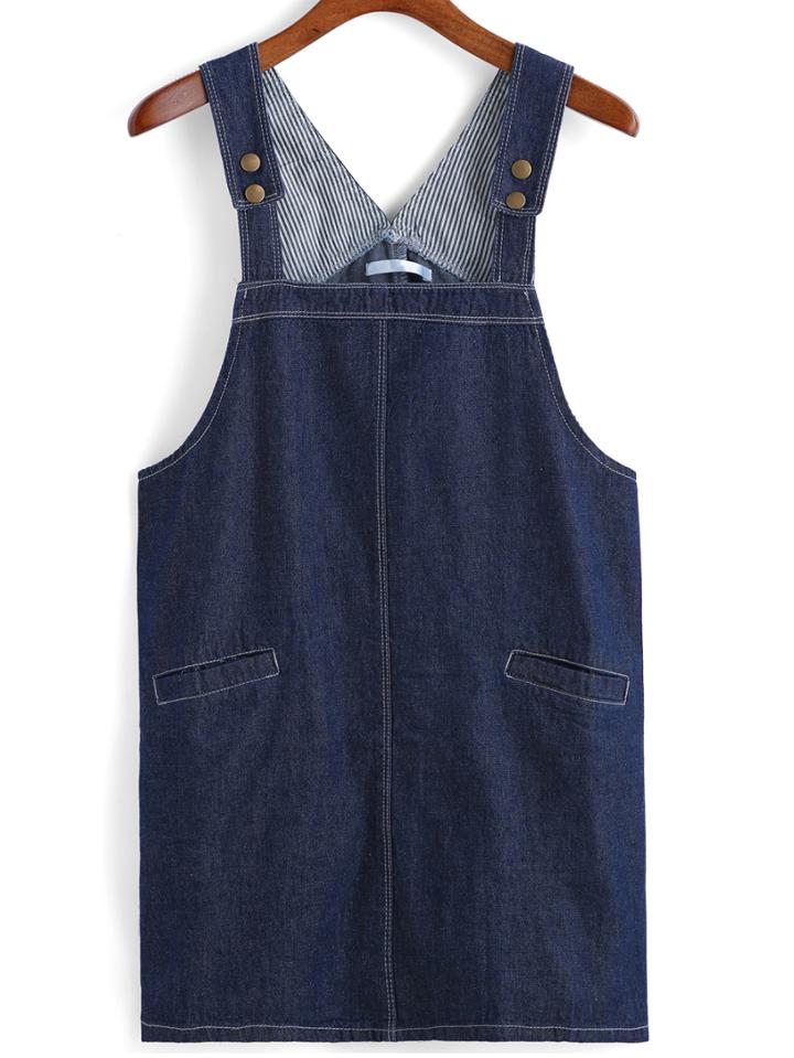 Romwe Strap With Pockets Denim Dress