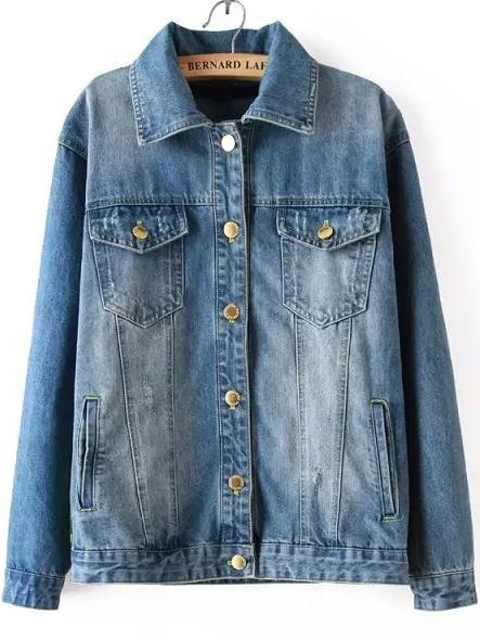 Romwe Lapel Florals Pockets Denim Coat