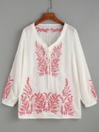 Romwe White Ruffled Tie Neck Embroidered Blouse