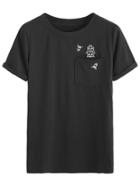 Romwe Black Embroidered Pocket Cuffed T-shirt