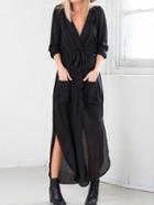 Romwe Black Deep V Neck Self-tie Pockets Chiffon Dress