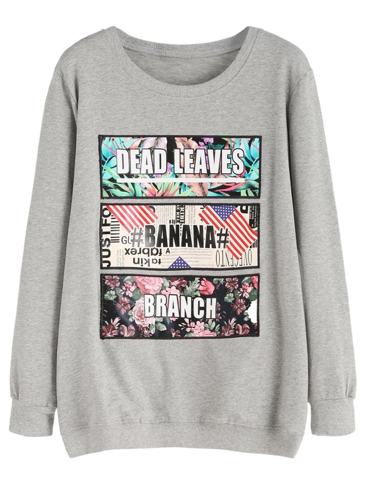 Romwe Heather Grey Printed Embroidered Sweatshirt