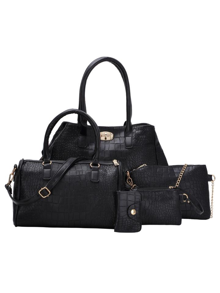 Romwe 5pcs Faux Crocodile Embossed Leather Bag Set