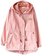 Romwe Pink Embroidered  Drawstring Hooded Coat