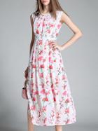 Romwe White Pleated Floral Split A-line Dress