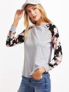 Romwe Heather Grey Contrast Floral Raglan Sleeve T-shirt