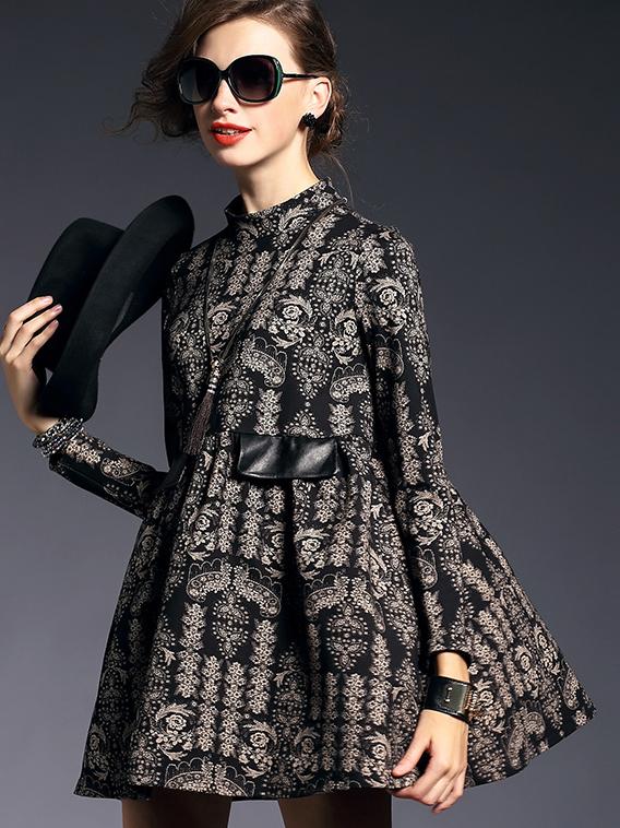 Romwe Black Round Neck Long Sleeve Print Dress