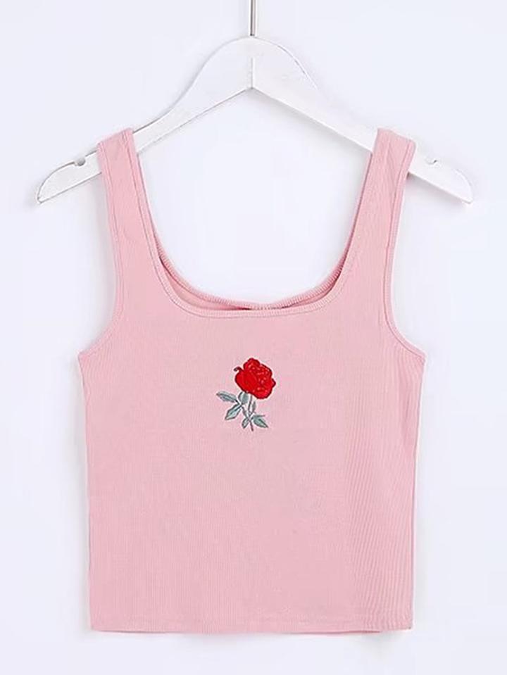 Romwe Rose Embroidery Tank Top