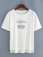 Romwe White Dip Hem Aircraft Print Split T-shirt