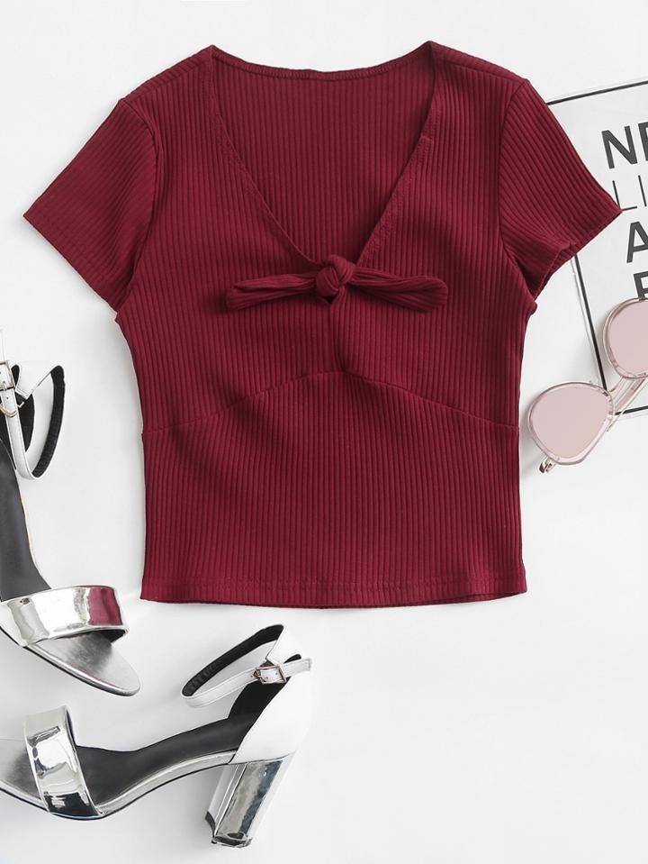 Romwe Knot Front Ribbed Knit Tee