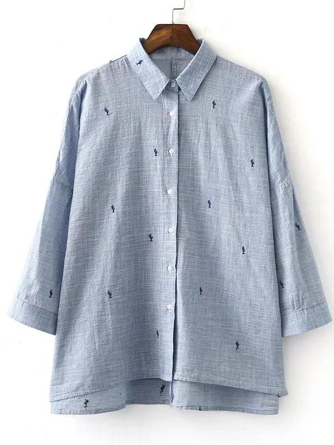 Romwe Blue Long Sleeve Keyhole Back Embroidery Blouse