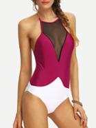 Romwe Color Block Mesh Neck One-piece Swimwear - Burgundy