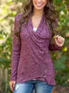 Romwe Oblique Zipper Slim Burgundy Knitwear