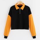 Romwe Drop Shoulder Color-block Half Placket Sweatshirt
