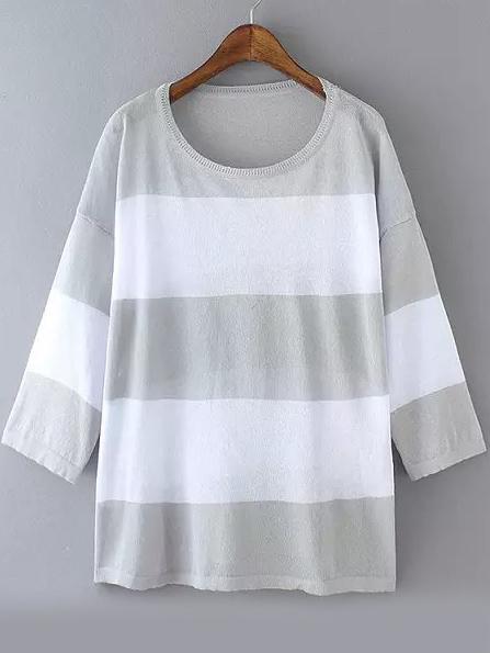 Romwe Half Sleeve Striped Grey Sweater