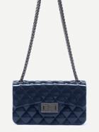 Romwe Navy Plastic Quilted Flap Bag With Chain