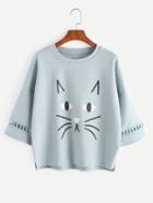 Romwe Cat Print Split Side High Low T-shirt