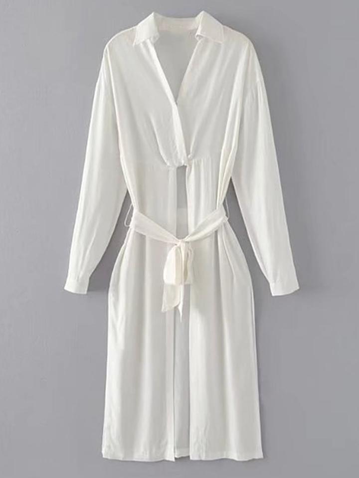 Romwe High Split Front Longline Shirt With Self Tie