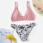 Romwe Ruched Cut-out Back Top With Leopard Bikini