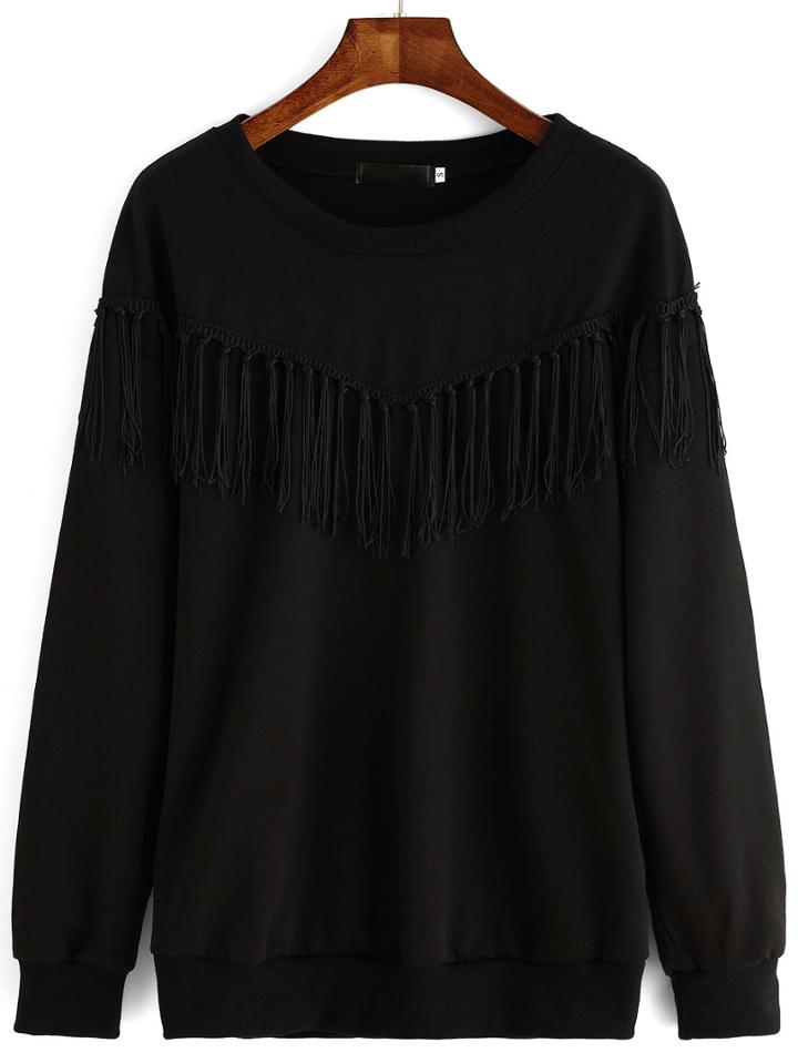Romwe Round Neck Tassel Loose Sweatshirt