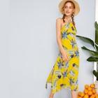 Romwe Pineapple Print Criss Cross Backless Halter Dress