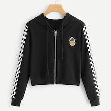 Romwe Checked Panel Sleeve Zip Up Hooded Jacket