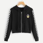 Romwe Checked Panel Sleeve Zip Up Hooded Jacket