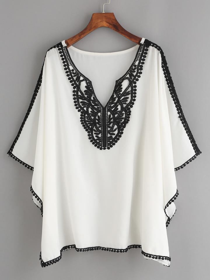 Romwe White Crochet Trim Chiffon Poncho Blouse