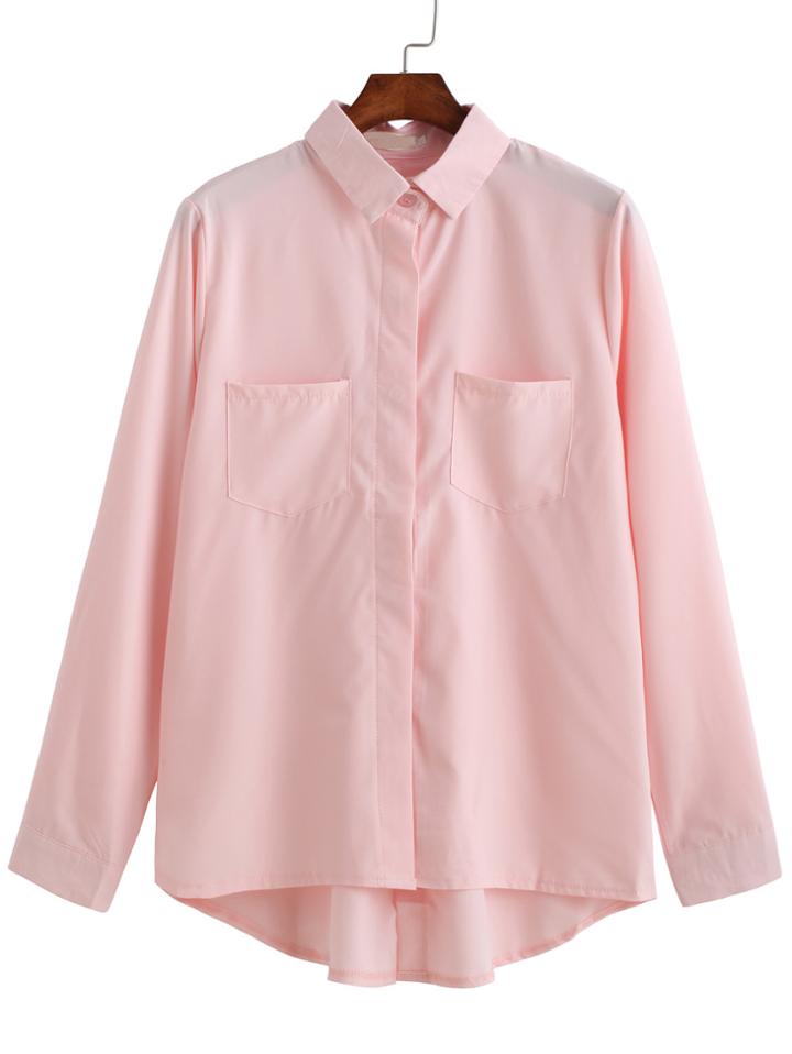 Romwe Lapel Dip Hem With Pockets Pink Blouse
