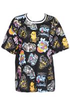 Romwe Cartoon Print Black Short-sleeved T-shirt