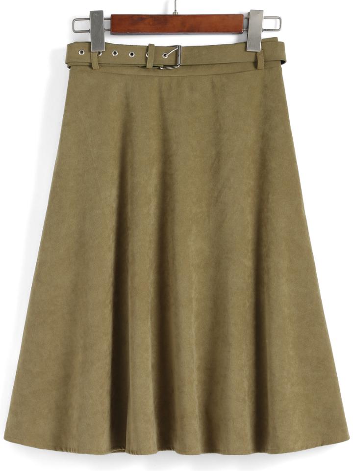 Romwe Belt Pleated Army Green Skirt