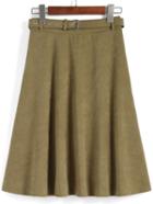 Romwe Belt Pleated Army Green Skirt