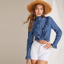Romwe Ruffle Trim Denim Shirt