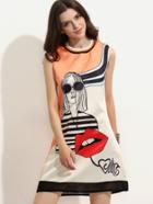 Romwe Orange Abstract Print Sheer Trim Sleeveless Dress