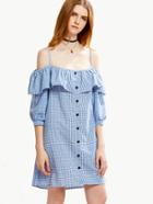 Romwe Blue Checkerboard Button Front Ruffle Cold Shoulder Dress